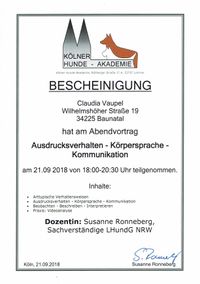 Bescheinigung C. Vaupel Hunde-Akademie K&ouml;ln 21.09.2018