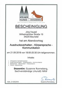 Bescheinigung J. Vaupel Hunde-Akademie K&ouml;ln 21.09.2018